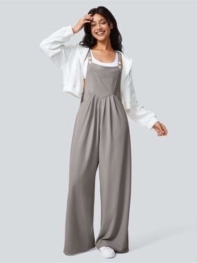 HALARA Women's Wide-Leg Waffle knit Overalls Jumpsuit - Taupe/Grey